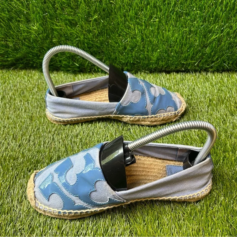 Tory Burch Womens Canvas Espadrille Flats Blue‎ Patent Logo Slip On Shoes Size 6